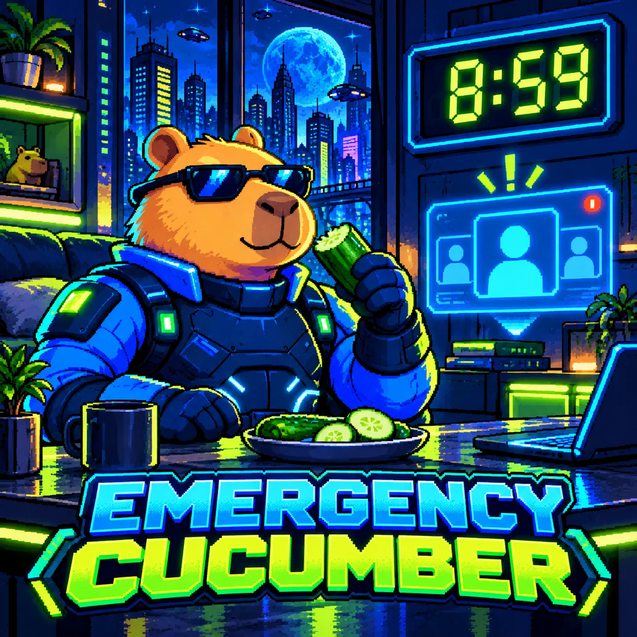 The armored capybara eating an emergency cucumber at 8:59